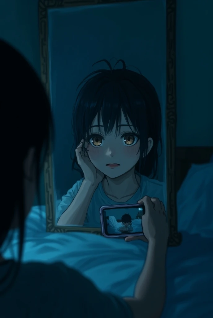 Girl who is in her room where she is taking a photo, the photo is almost realistic but with touches of anime which confuses the viewer if it is real or not, blue and dark tones, she is taking a photo from her cell phone through a mirror.There is not much l...