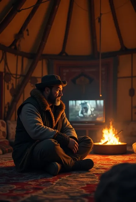 Mongolion chinges hero sitting and watching movie on tv 
Inside a traditional Mongolian ger.