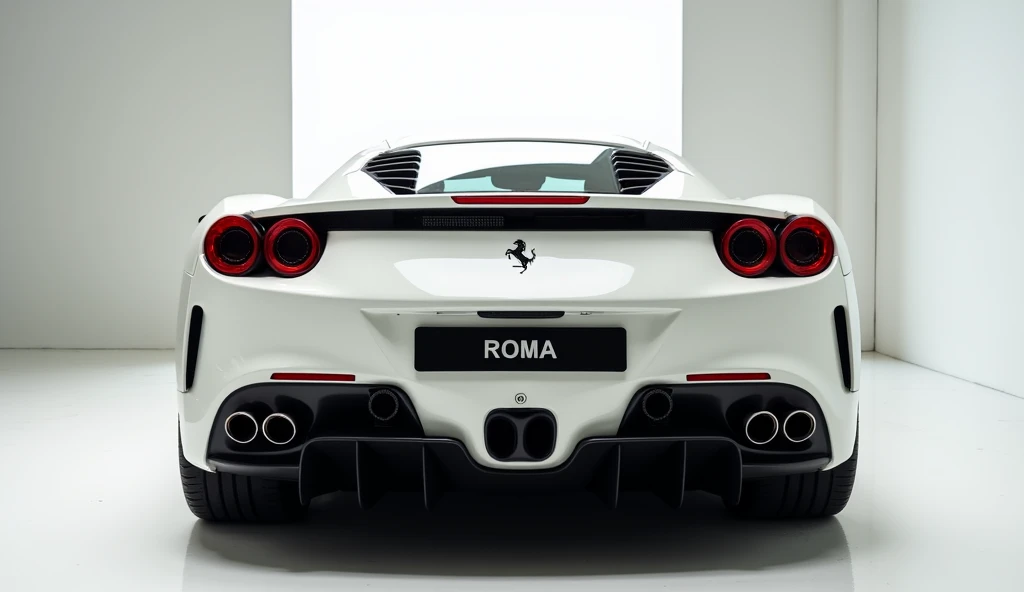 “Rear view of a sleek white Ferrari Roma in a well-lit showroom. The car features striking red taillights, quad exhaust pipes, and a sports license plate with the text ‘ROMA’. The background is minimalistic with smooth, clean walls and a window, emphasizin...