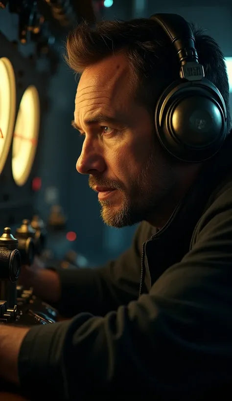 Create a close-up of a Titanic radio crew member in the dimly lit radio room, focused and immersed in his work. His face shows intense concentration as he listens through large headphones, eyes narrowed slightly in focus. The soft glow from the radio equip...