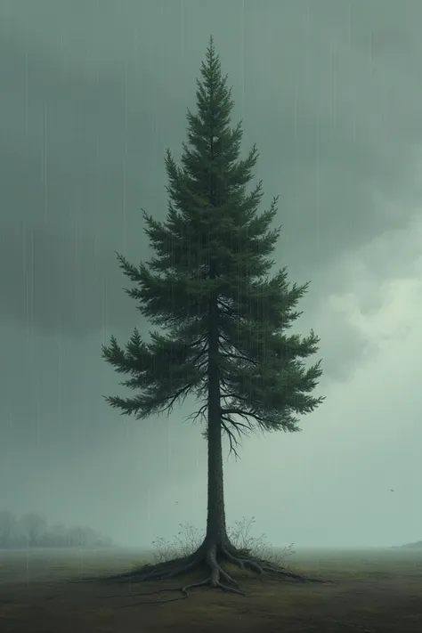 A small cypress tree stands alone, planted firmly in the ground with strong roots, surrounded by nothing and a gray sky and falling rain.