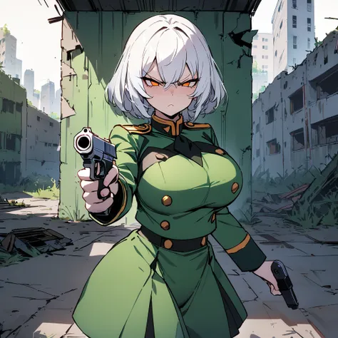 masterpiece, best quality, awesome colors, piercing eyes, highest quality, 1 girl, big breasts, wdie hips, white short hair, orange eyes, green armory uniform, pistol in the hand, narrowed eyes, standing, frown, angry, abandoned building, aiming front