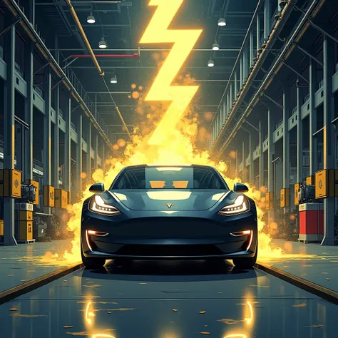 picture with tesla logo with yellow electrical shock sign with background of vehicle manufacturing