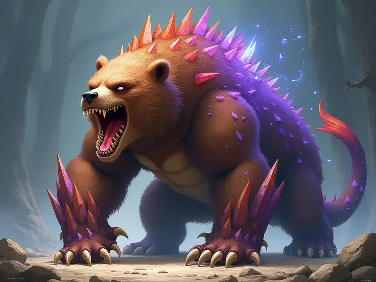   a giant bear mixed with dragon creatures ,Has brown hair ,  huge teeth and claws .

 his body is covered with purple and red crystals

Ghibli style，Fantasy, Wizards of the Coast LLC