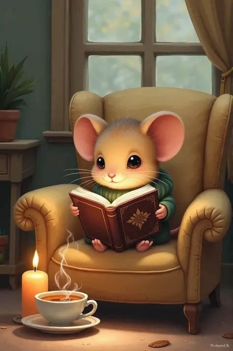 Illustration of a little mouse reading a book in a comfortable armchair with a cup of tea and a candle 