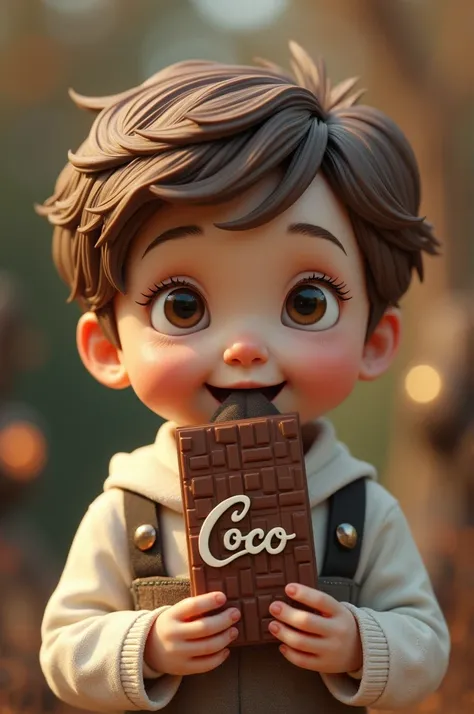 Generate a artificial boy who eating a chocolate of company coco