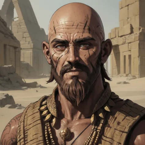 a fantasy portrait of grak zarepth, resembling an ancient egyptian but with a more barbaric and rugged appearance. he is bald wi...