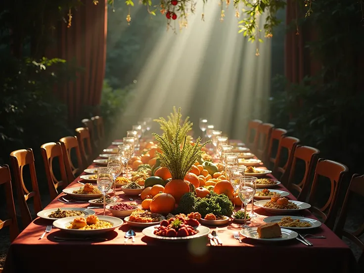  A rich and abundant table in a challenging setting ,  surrounded by shadows that represent challenges or adversities , but without threatening the peace and comfort of the table .  The table must be filled with fresh and colorful food ,  with light illumi...