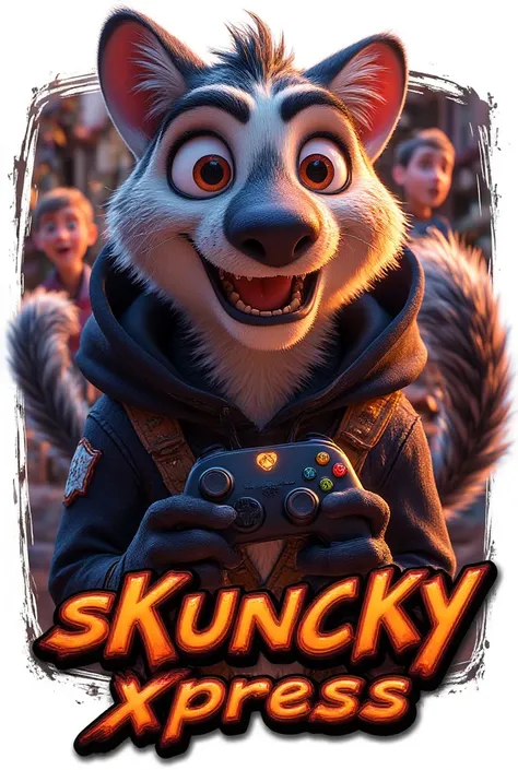 I need a logo, a skunk with a black hoodie with a gaming controller in the hand, realistic comic style, down in the middle should stand "SKUNCKYXPRESS", futuristic readable letters