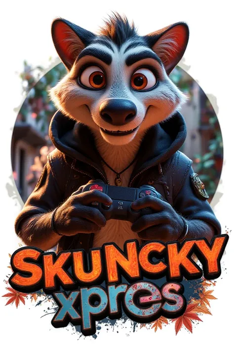 I need a logo, a skunk with a black hoodie with a gaming controller in the hand, realistic comic style, down in the middle should stand "SKUNCKYXPRESS", futuristic readable letters