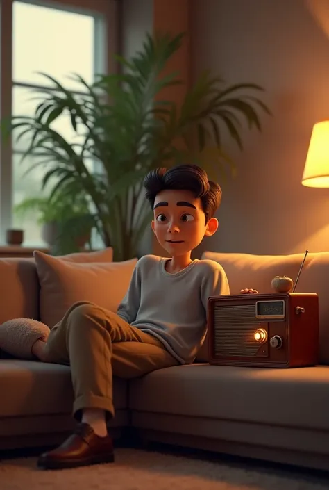 A husband sitting in a cozy living room, deeply focused on listening to the radio. The radio is highlighted, and the husbands face shows concentration.
Generate in cinematic 3d cartoon style