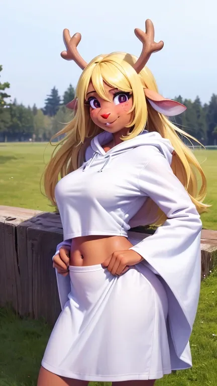 (noelle, furry female anthro, blonde hair, deer girl, red deer nose, white eyes, white pupils, white robe, hooded robe, big breasts, midriff), hands on hips, green neon city, smiling, three-quarter view, blushing