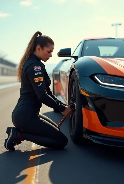  A woman on the track changing a tire of a super sports car,wearing her motorsport racing uniform  