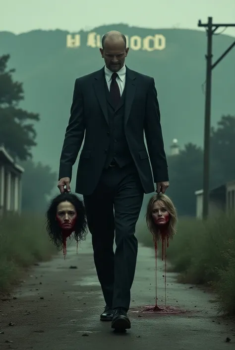 Create image of Man in suit from back, Walking leaving with a mans head in one hand and a womans head in the other hand.

A Hollywood  ,  -style sign below with a sanatorium in the background that says " I am legend "