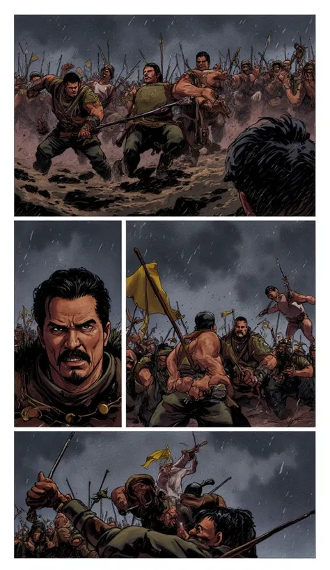 "Storyboard, Comic Book Panel Layout with White Border, Multi View, Immersive, Go Pro, Action Pose, Panels" "Scene of Ottoman, Turkish warriors in the Middle Ages as they fight with vigor, pushing back the enemy forces. Their faces show a mix of exhaustion...