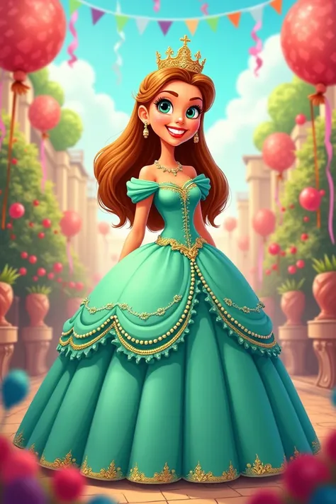 Quinceañera cartoon with full dress very long and armed color of the dress mint green with golden brown hair of the quinceañera