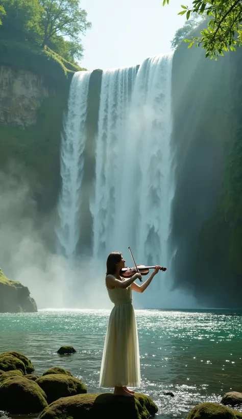 Create an image of a professional violinist standing in front of a majestic waterfall, with water powerfully cascading down. The violinist is playing passionately, with a serene, focused expression, dressed elegantly but simply. The environment is lush and...