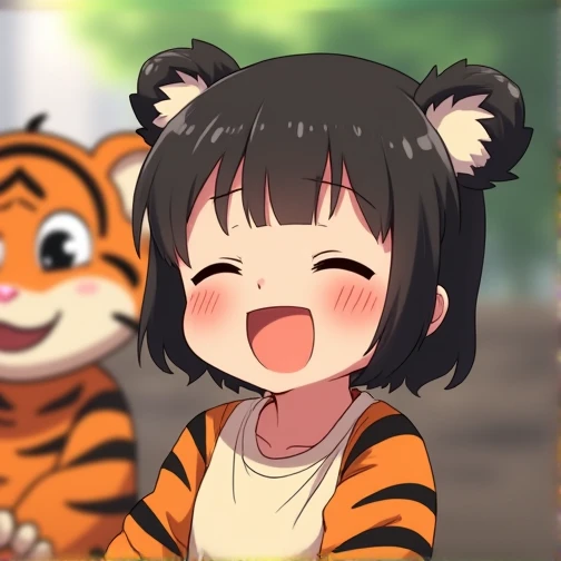  black hair,  very short hair,  split bangs,  boys,Brown Hair,  bun hair,  girl,happiness/joy,  Deformed Cheek Dye , happiness/joy,  is laughing,  simple background, ２Blurred background of a person and a tiger costume, far and near method, anime, Pixar, 優し...