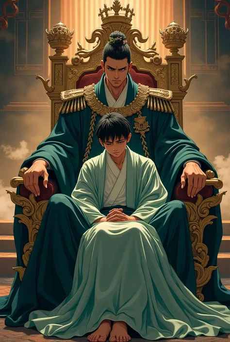 Draw for me 2 characters:
1. Crown Prince Bakugou Katsuki sitting on the dragon throne, his face arrogant and victorious and with unparalleled power.
2. Izuku Midoriya, dressed in light jade green, was resting his head on the crown princes lap. His eyes we...