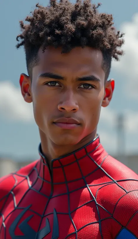 Create an image of a superhero inspired by Spider-Man but with unique design elements, featuring a character who resembles a young, athletic male with short curly hair and a slim, muscular build. The superhero suit is red and blue with distinct football-in...