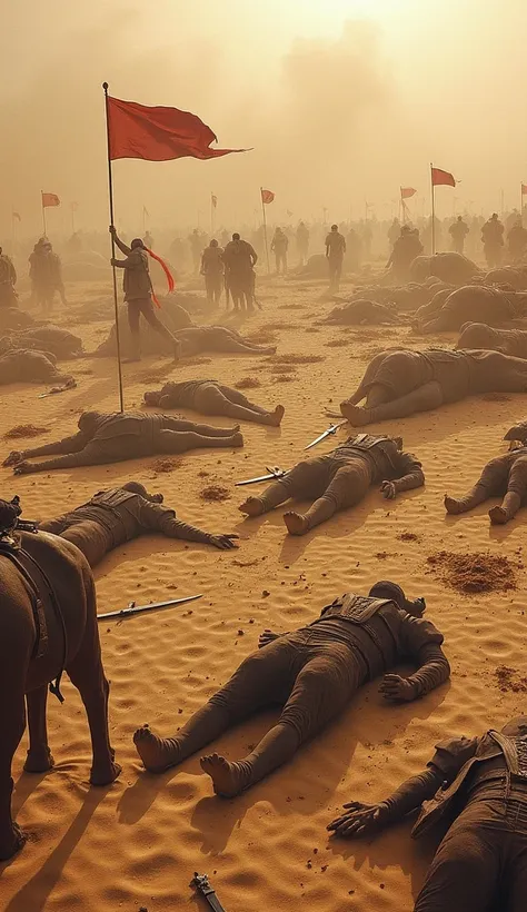  quraysh troops numbering 2000 dead,  The s were scattered on the sandy soil .  among the bodies of men ,  are the s of elephants and horses. sword, flags were also strewn .