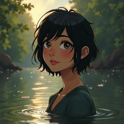 can you create an image of the situation of  a girl( with black hair) realizes while she was thinking in the river that what she feels for Isaac(A light brown haired boy with striking eyes and with a charming smile and with a touch of smart guy) is not rom...