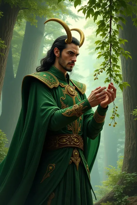 Loki from Norse mythology picking mistletoe a plant