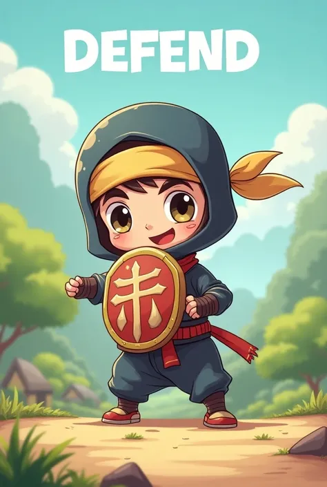 Defend ninja cute cartoon image with shield. Print the word DEFEND on top of image 