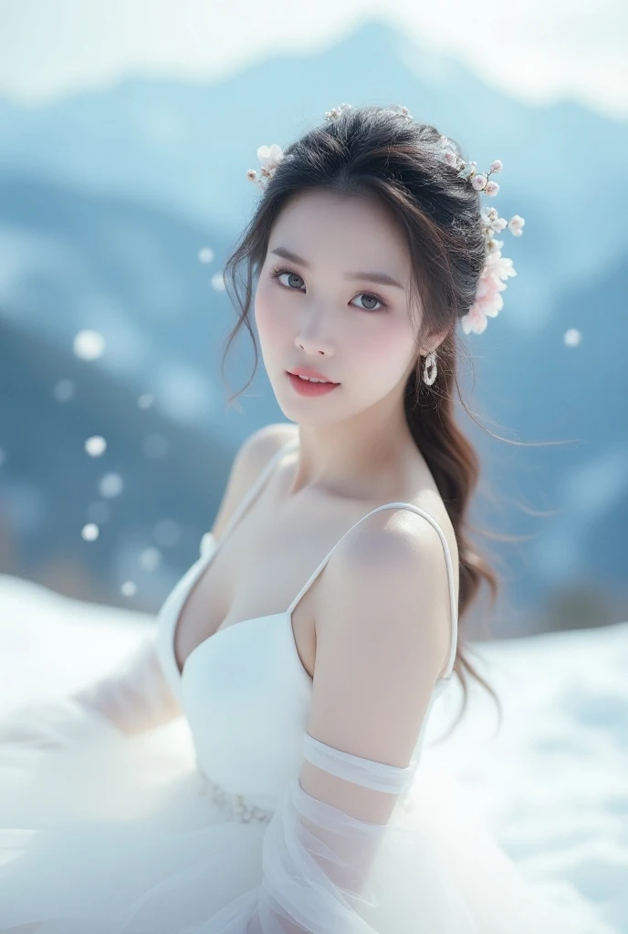 Asian girl, Wearing white evening dress ,  High Definition ,  blue eyes ,  snowy mountain background, หน้าอกอวบอิ่ม, ดอกไม้ติดผม, หิมะตกพรำ