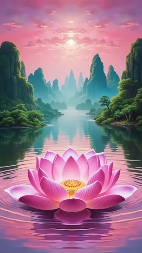 The sound waves from the bell rippled out like a halo of water. that spreads the virtues of Buddhism and Dhamma teachings  The image appears to be a white lotus floating in the water, undulating.