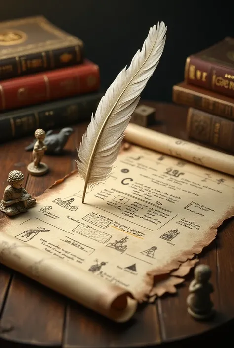 A detailed scroll on top of a ,  table showing a social network profile drawn with parts highlighted in gold ink.  Books stacked next to them have titles like Foundations and Essence .  A floating feather writes words on the scroll , with small statues wat...