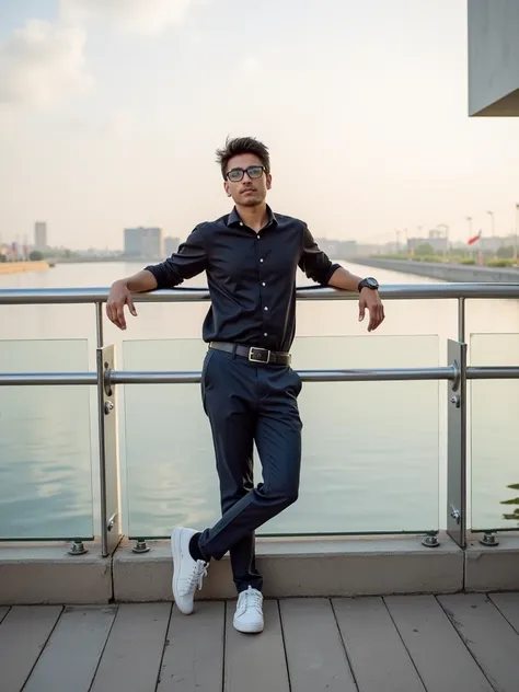 21 years old Indian boy with fair skin wearing spectacles and narrow body posing for a linkedin picture in formals