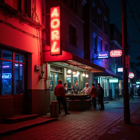 Neon Street at Night, An old street full of retro atmosphere, with simple and classic neon sign design, mainly in red, blue, and green colors. The exterior walls of the old building are outlined by lights, and at the end of the street is a 24-hour small ta...