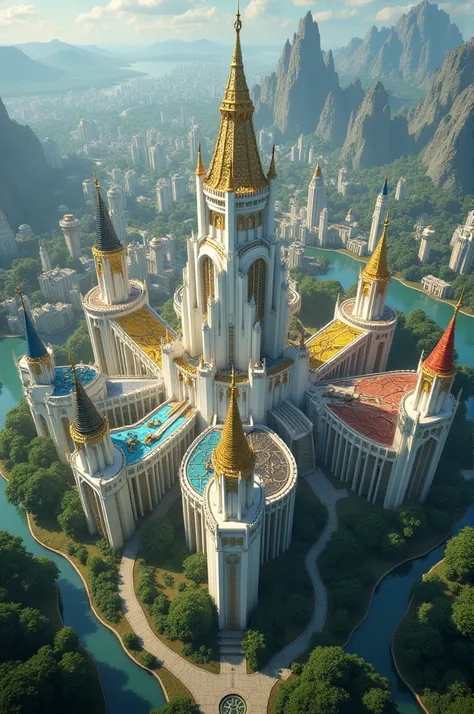 Elvish city seen from above ,  with the white castle with gold ornaments and elements mixed with nature in the central region of the city.  Around the castle having 4 regions equal in size ,  one with dark blue elements ,  another with yellow and light ele...