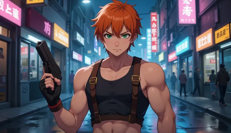 cute 1boy, orange short hair, green eyes, tank top, leather harness, open stomach, muscular, solo, standing, city street, cyberpunk, neon light, gun in hand, night, realistic background, studio lighting, soft focus, physically-based rendering, professional