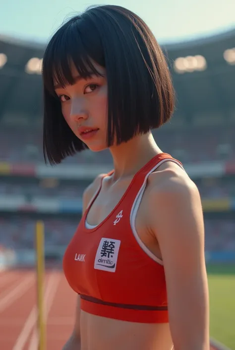 (Best Quality,4K,8k, Hi-Res,masterpiece:1.2), very detailed,(Realistic,photoRealistic,photo-Realistic:1.37), full body、athlete、(Female high jumpers)、 young Japanese woman ,Textured straight super short bob cut hair、regrettable、 perfect anatomy、 depth of fi...