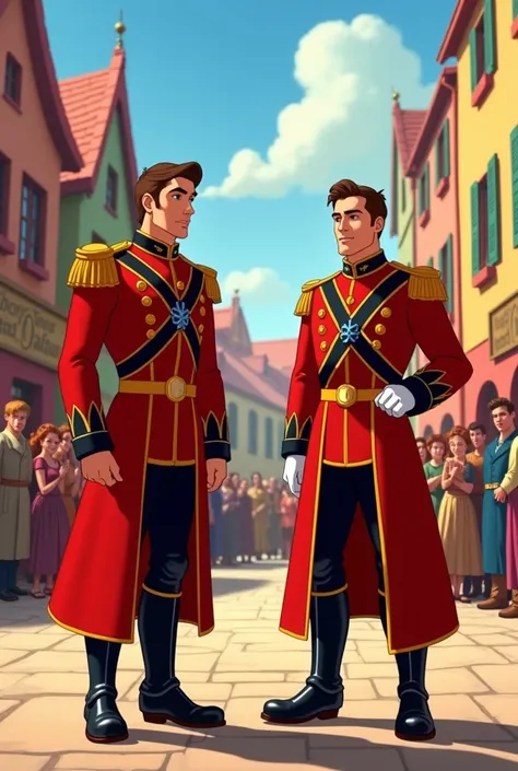 Believe me two guards of the kings red suit of  (era)  giving an announcement that the paper will be seen
To the town Disney animated style
