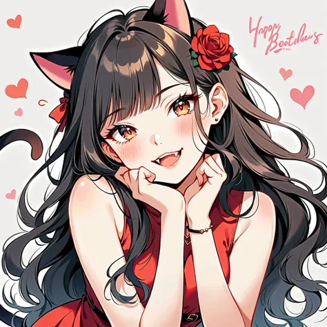 beautiful woman, long wavy black hair, brown eyes, cat ears and tail, fangs, demon horns,  (🥀)(🌹)(💕)(💖)(🐈‍⬛)