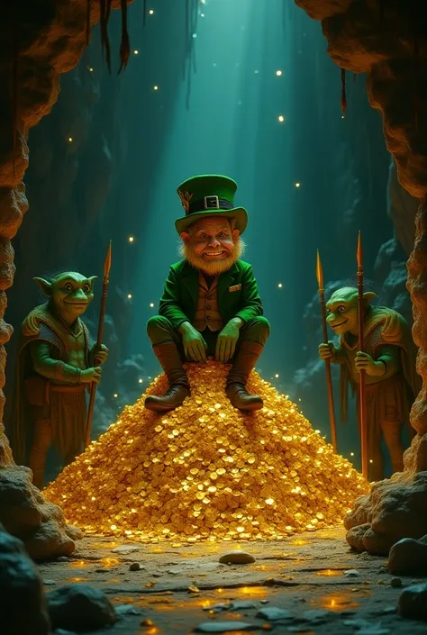 A leprechaun with his gold coins in a cave, guarded by goblin soldiers