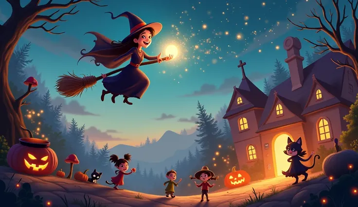 
Imagine a lively animated scene of a playful witch in a classic black outfit with a pointy hat and a slightly crooked broomstick flying across a twilight sky. She flies above a village with glowing windows and misty forests, casting shimmering spells from...