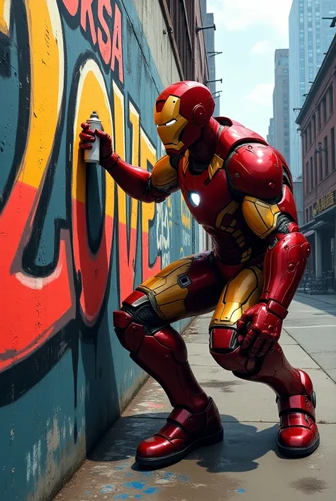 Create an image of Iron Man doing a graffiti that says KBSA One Love 