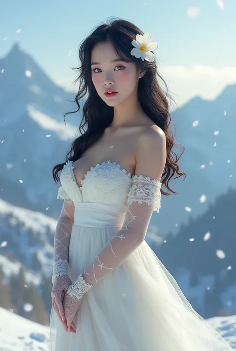 Asian girl, Wearing white evening dress ,  High Definition ,  blue eyes ,  snowy mountain background, Plump Breasts, Hair flower, Wear thin gloves with lace , . Heavy snowfall sparkles