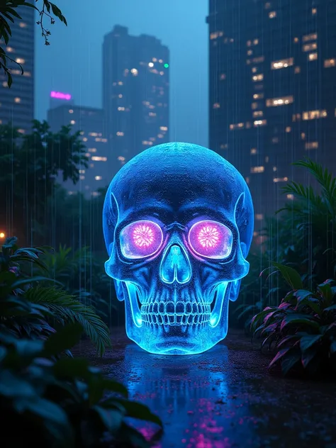 A crystal skull set in a Neon Rain Urban Jungle, where towering skyscrapers and dense foliage blend under a constant downpour. Use vibrant white and indigo neon lights to contrast with the dark, rain-soaked environment.