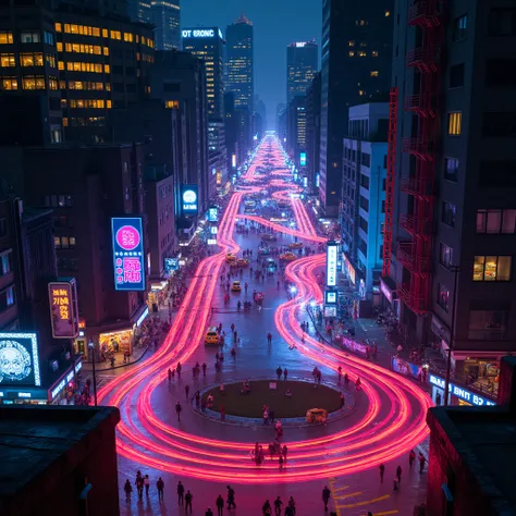 Neon lights, Neon Street at Night, Imagine a winding neon street that sparkles with vibrant colors in the city center at night. On both sides of the street are towering skyscrapers, with warm yellow lights shining through the windows, contrasting with the ...