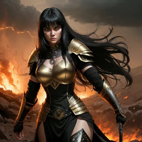 ((Full image)) Beautiful warrior woman long straight black hair with bangs, fighting bravely. Xena warrior princess style armor, black with gold decorations. Fiery and battle landscape, with dust in the air. HD