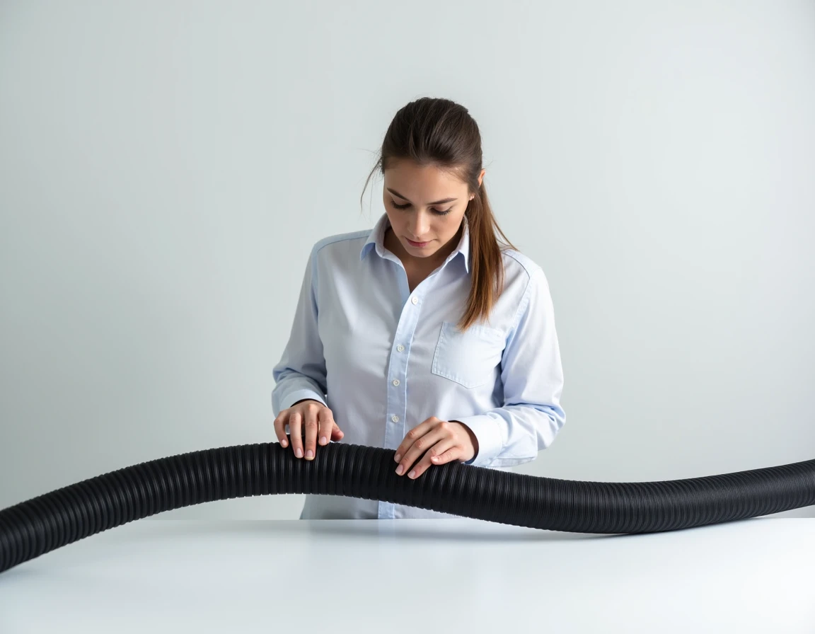  an engineer assembling a black hose,  white background studio photo , minimalist, product-service photo 