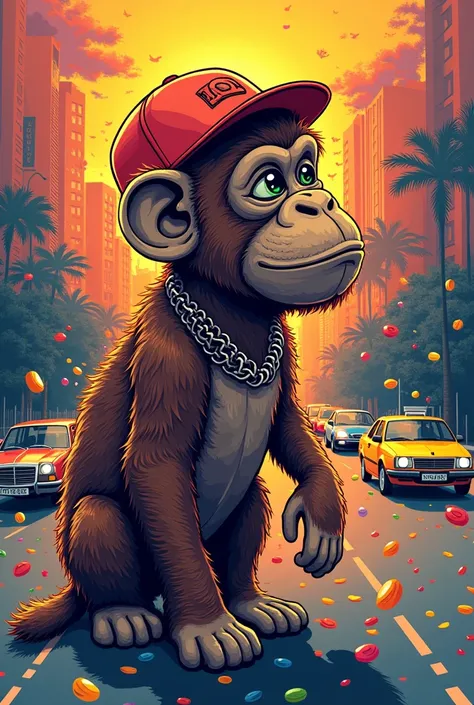 Personification of drugs, the drugs came to life, traffic, print, vectorial, simplistic, coming out of the bubble, stoner, colorful cars, a psychedelic caramel dog, hip hop monkey in cap 