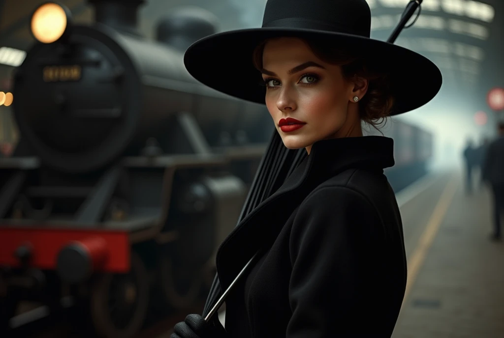 a high quality professional photo of a beautiful lady with 60s fashion style, black coat, big hat, under the big black umbrella, at the train station with an old train and steam engine smoke. The background features dim light, focusing on the ladys face wi...