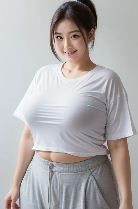 pure japanese girl,damaged hair,white t-shirt,jersey gray pants,large tareme,curvy,ponytail,smile