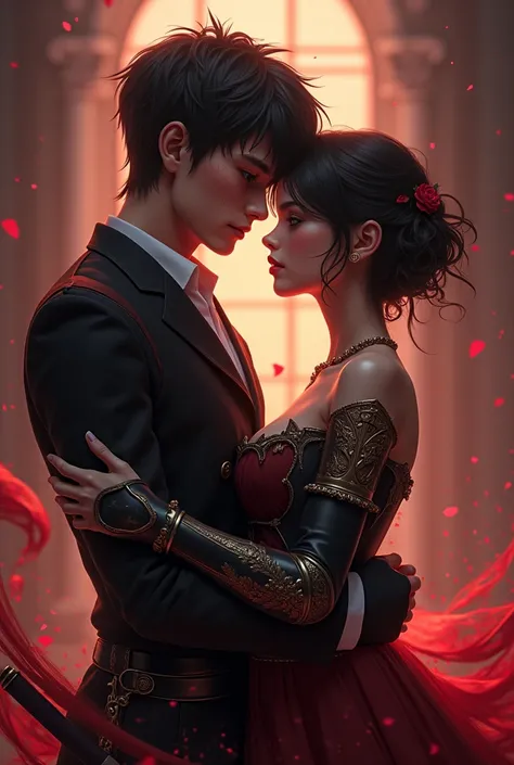  Generate a couple kissing in red and black colors :  The boy with short dark hair and freckles on his face in a warrior gentlemans suit, The girl with short wavy hair and with contact lenses beautiful and with gentlemans armor,  animated image based on an...